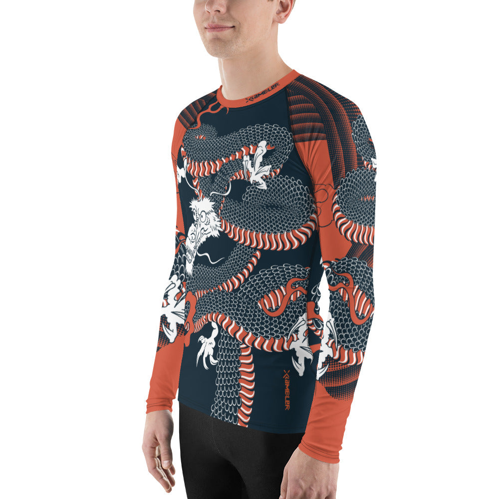 Japanese Wrap Around Dragon Men's Rash guard Navy Orange