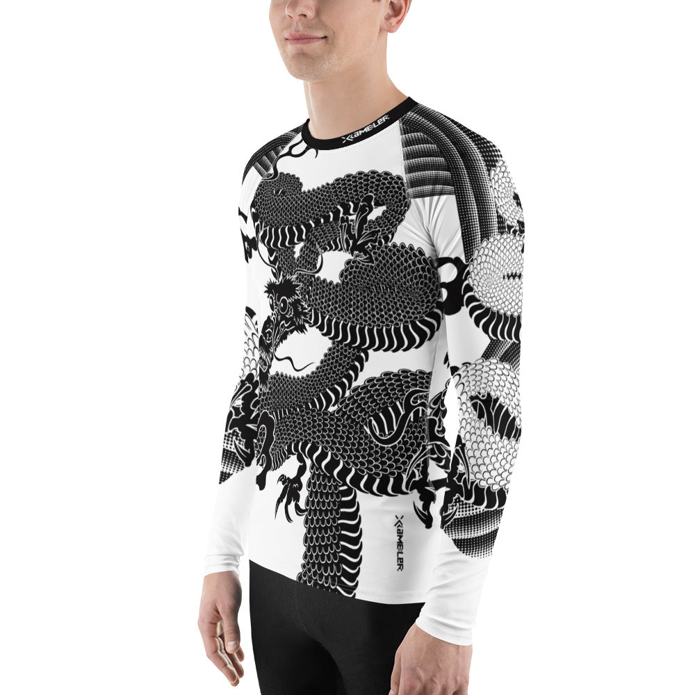 Japanese Wrap Around Dragon Men's Rash guard Black and White