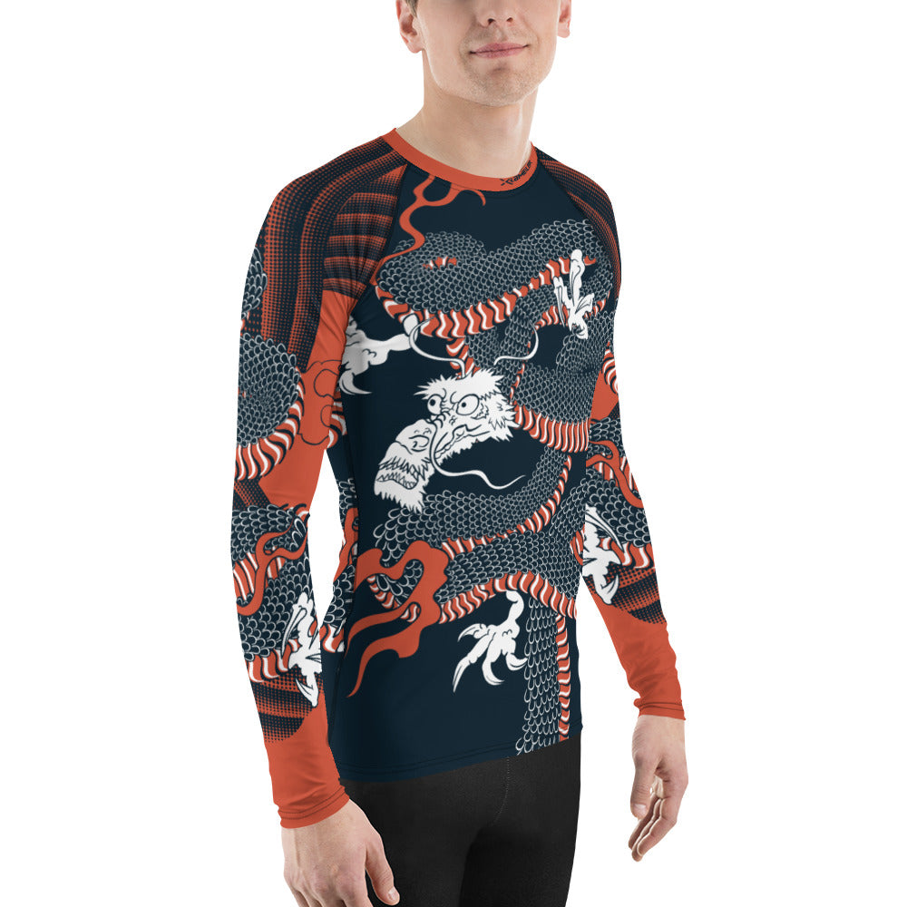 Japanese Wrap Around Dragon Men's Rash guard Navy Orange