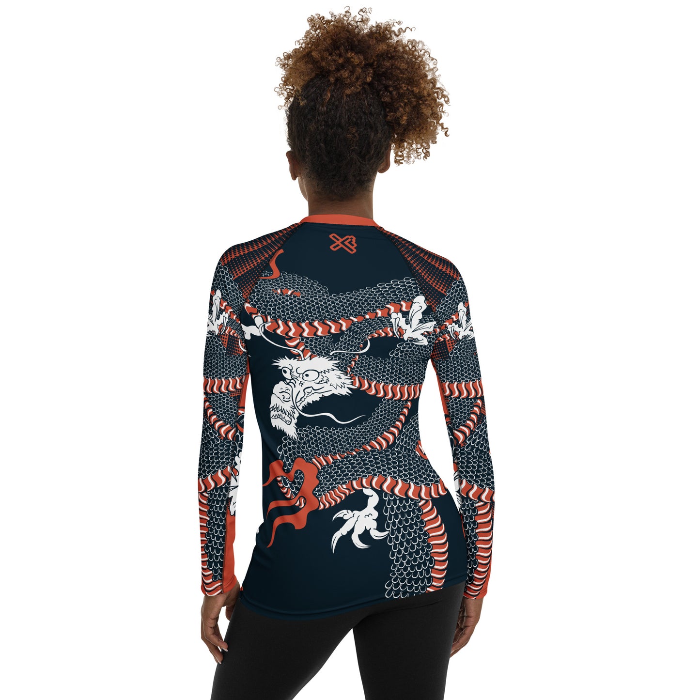 Japanese Wrap Around Dragon Women's Rash guard Navy Orange