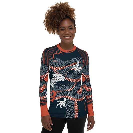 Japanese Wrap Around Dragon Women's Rash guard Navy Orange