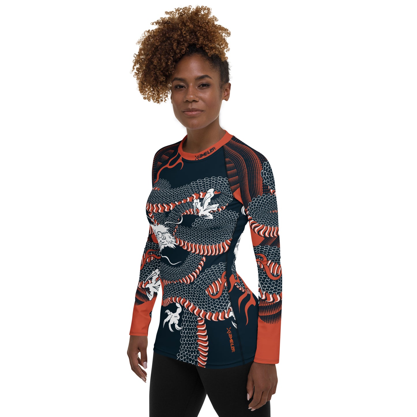 Japanese Wrap Around Dragon Women's Rash guard Navy Orange