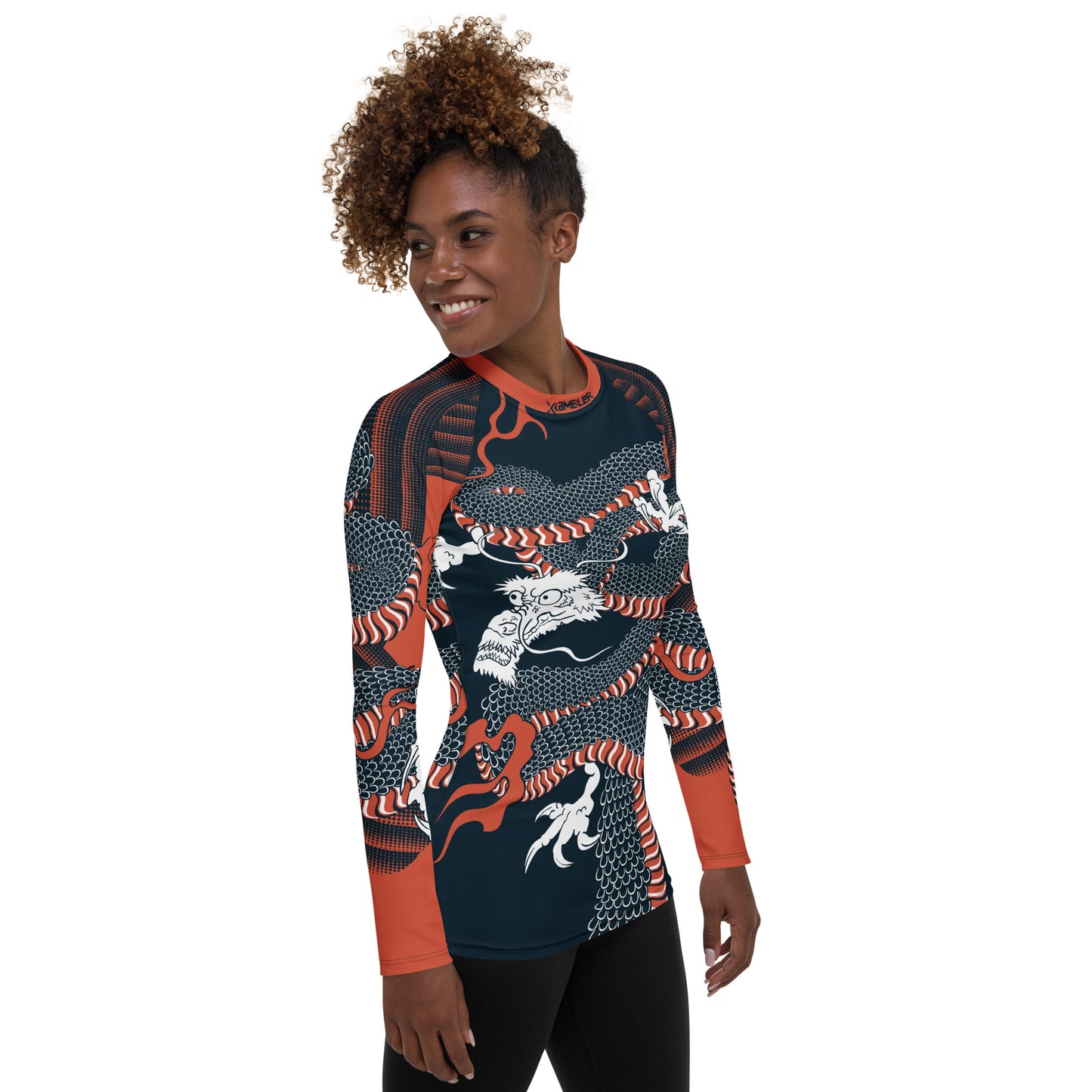 Japanese Wrap Around Dragon Women's Rash guard Navy Orange